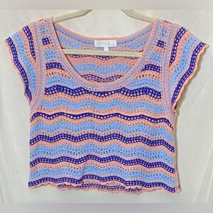 Rebellion Crochet Wavy Striped Crop Top with Flutter Sleeves in Peach Pink/Blue